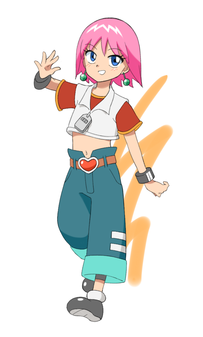 1girl :d beauty_(bobobo-bo_bo-bobo) belt blue_eyes blue_pants bobobo-bo_bo-bobo brown_belt crop_top earrings eyelashes full_body grey_footwear heart heart_belt jewelry navel nonamejd open_mouth pants pink_hair short_hair short_sleeves smile solo