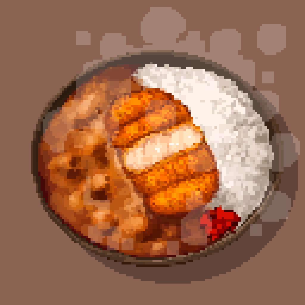 bowl brown_background curry food food_focus fukujinzuke hisachan55cute katsu_(food) no_humans original pixel_art rice shadow simple_background steaming_food still_life