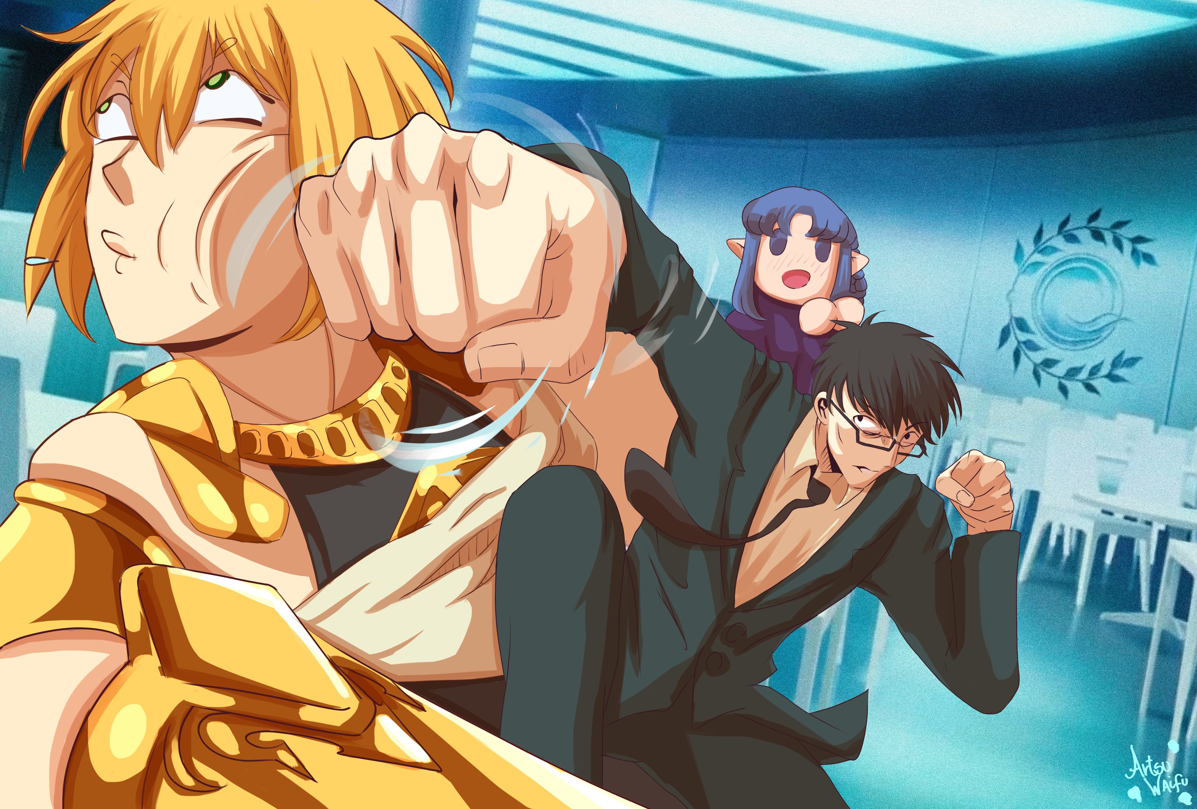 1girl 2boys absurdres artsuwaifu black_hair blonde_hair blue_eyes blue_hair blush braid chaldea_logo chaldea_security_organization fate/grand_order fate/stay_night fate_(series) fighting fighting_stance formal_clothes glasses green_eyes highres jason_(fate) jewelry kuzuki_souichirou long_sleeves male_focus medea_(caster)_(fate) medea_(fate) multiple_boys pointy_ears punching purple_hair short_hair smile suit