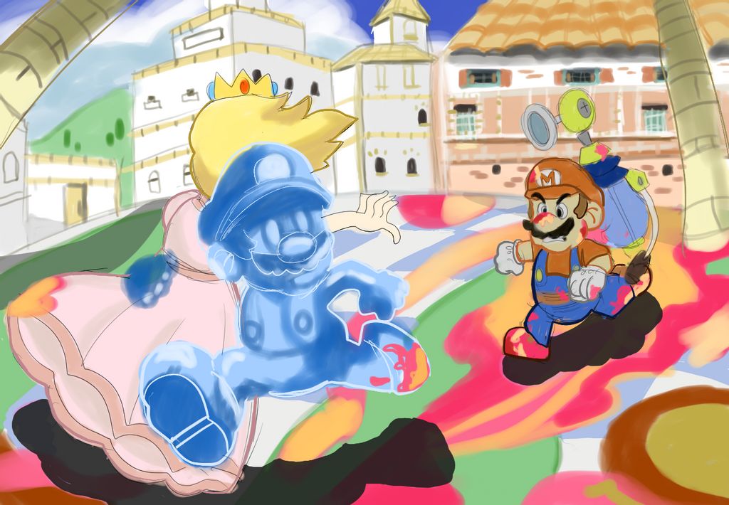 1girl 2boys angry blonde_hair carrying clone crown dress f.l.u.d.d. facial_hair gloves hand_extended hat kidnapped mario mario_(series) multiple_boys mustache nintendo paint palm_tree princess_peach running shadow_mario super_mario_sunshine tree water