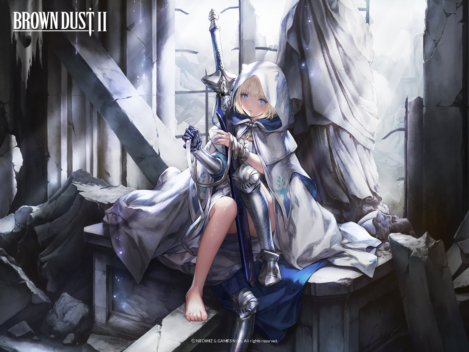 1girl barefoot blonde_hair blue_eyes boots brown_dust_(series) brown_dust_2 cloak feet highres justia_(brown_dust) light_blush looking_at_viewer medium_hair official_art official_wallpaper right_shoe_removed shoes sword toes unworn_boots unworn_shoes weapon