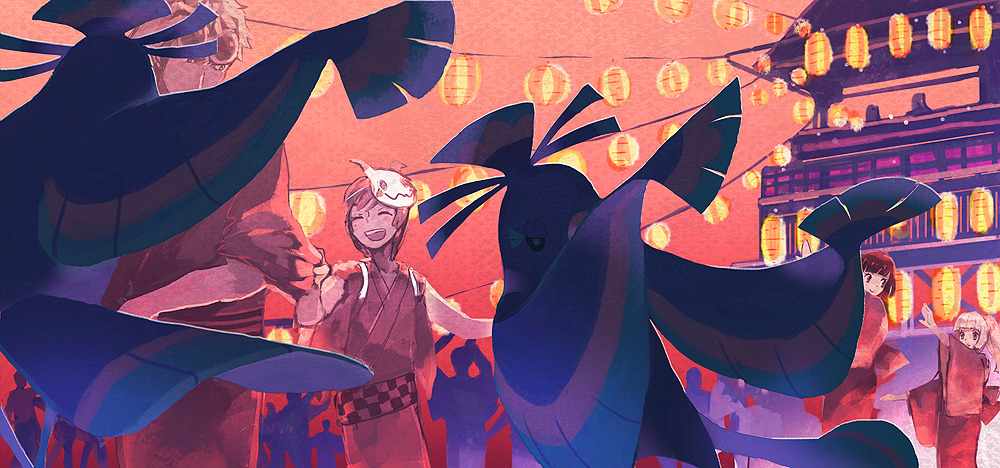 2boys 2girls ^_^ alternate_costume bird blonde_hair building closed_eyes creature dancing elio_(pokemon) game_freak gen_7_pokemon guzma_(pokemon) happy horocca japanese_clothes kimono lantern lillie_(pokemon) multiple_boys multiple_girls nintendo oricorio oricorio_(sensu) outdoors paper_lantern pokemon pokemon_(creature) pokemon_sm ponytail selene_(pokemon) sidelocks sky yukata