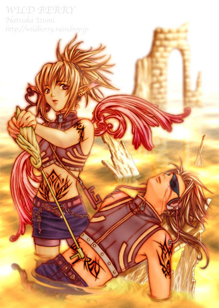 1boy 1girl arm_tattoo arms_up artist_name belt bike_shorts_under_skirt blonde_hair blue_skirt brick brown_belt brown_eyes brown_hair commentary_request cropped_vest cyborg earrings eyepatch facial_scar high_collar high_ponytail holding holding_key in_water izumi_natsuka jewelry key looking_to_the_side lying midriff on_back original parted_lips pointy_ears ponytail purple_vest red_wings scar scar_across_eye scar_on_cheek scar_on_face short_hair sidelocks skirt stomach_tattoo stud_earrings surreal tattoo tribal_tattoo upper_body vest water wings wire