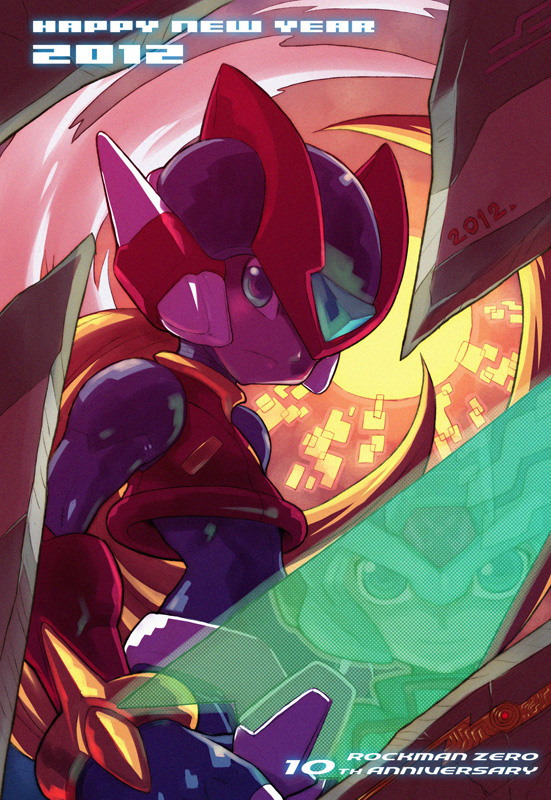 10s 1boy 2012 blonde_hair blue_eyes bodysuit capcom cyber_elf_x_(mega_man) energy_blade energy_sword go! helmet male_focus mega_man_(series) mega_man_zero_(series) new_year solo sword weapon x_(mega_man) zero(z)_(mega_man) zero_(mega_man)
