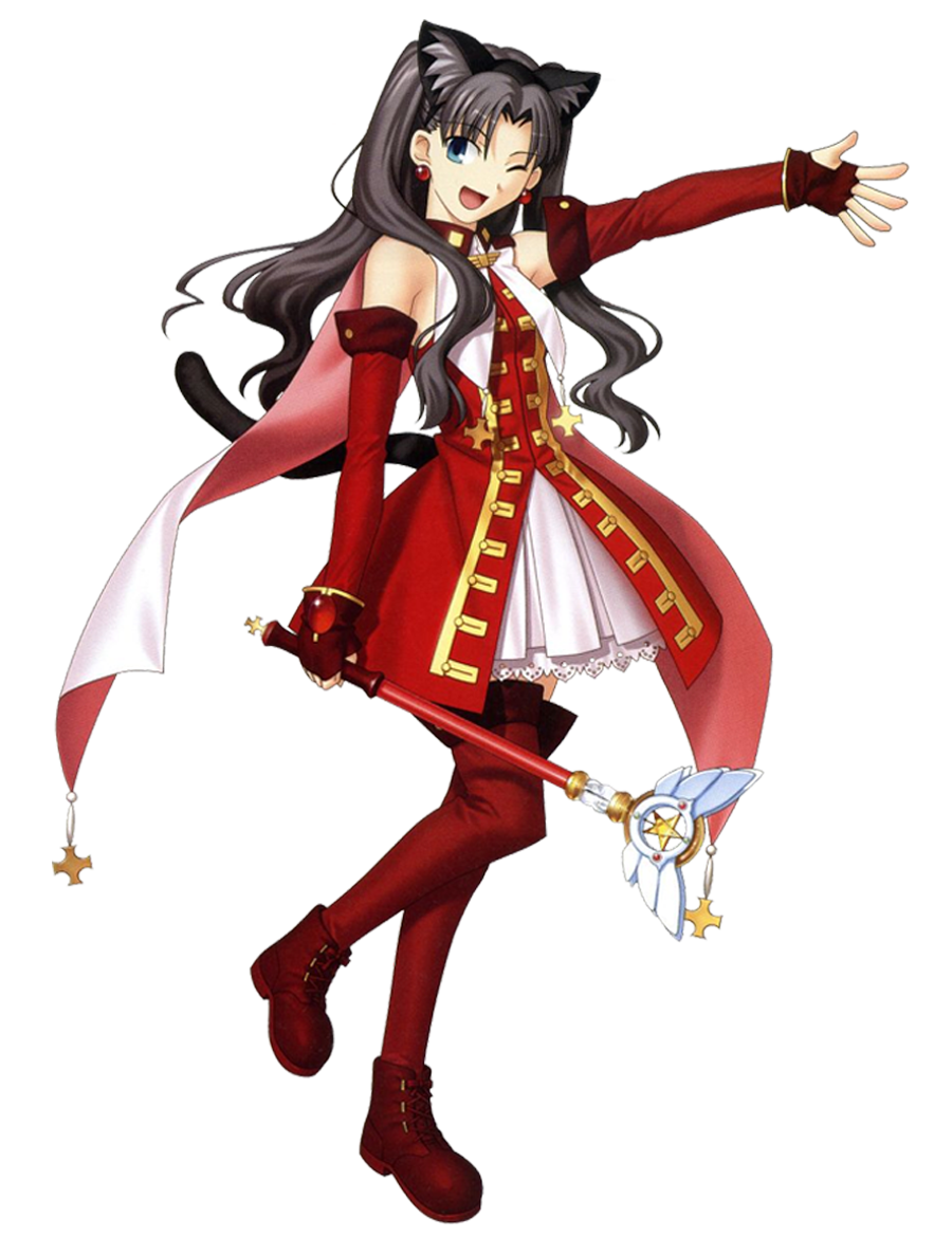 1girl animal_ears blue_eyes brown_hair cat_ears cat_tail dress fate/tiger_colosseum fate_(series) female_focus full_body kaleido_ruby looking_at_viewer magical_girl official_art one_eye_closed open_mouth red_dress red_shoes shoes solo tail takeuchi_takashi tohsaka_rin toosaka_rin transparent_background