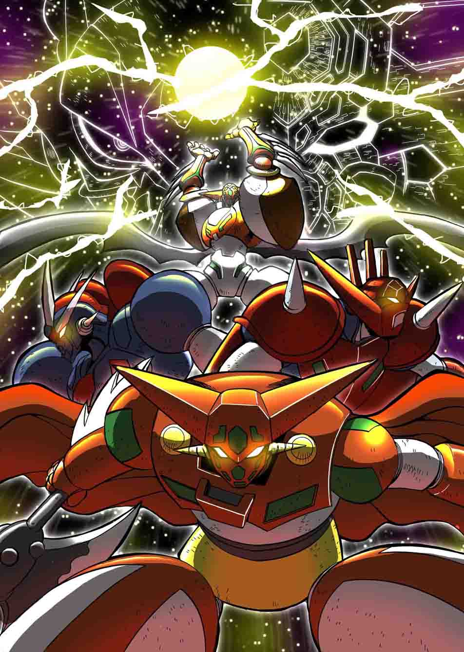 axe bat_wings energy epic getter_dragon highres mecha neo_getter_robo robot shin_getter_robo stronger_sunshine weapon wings