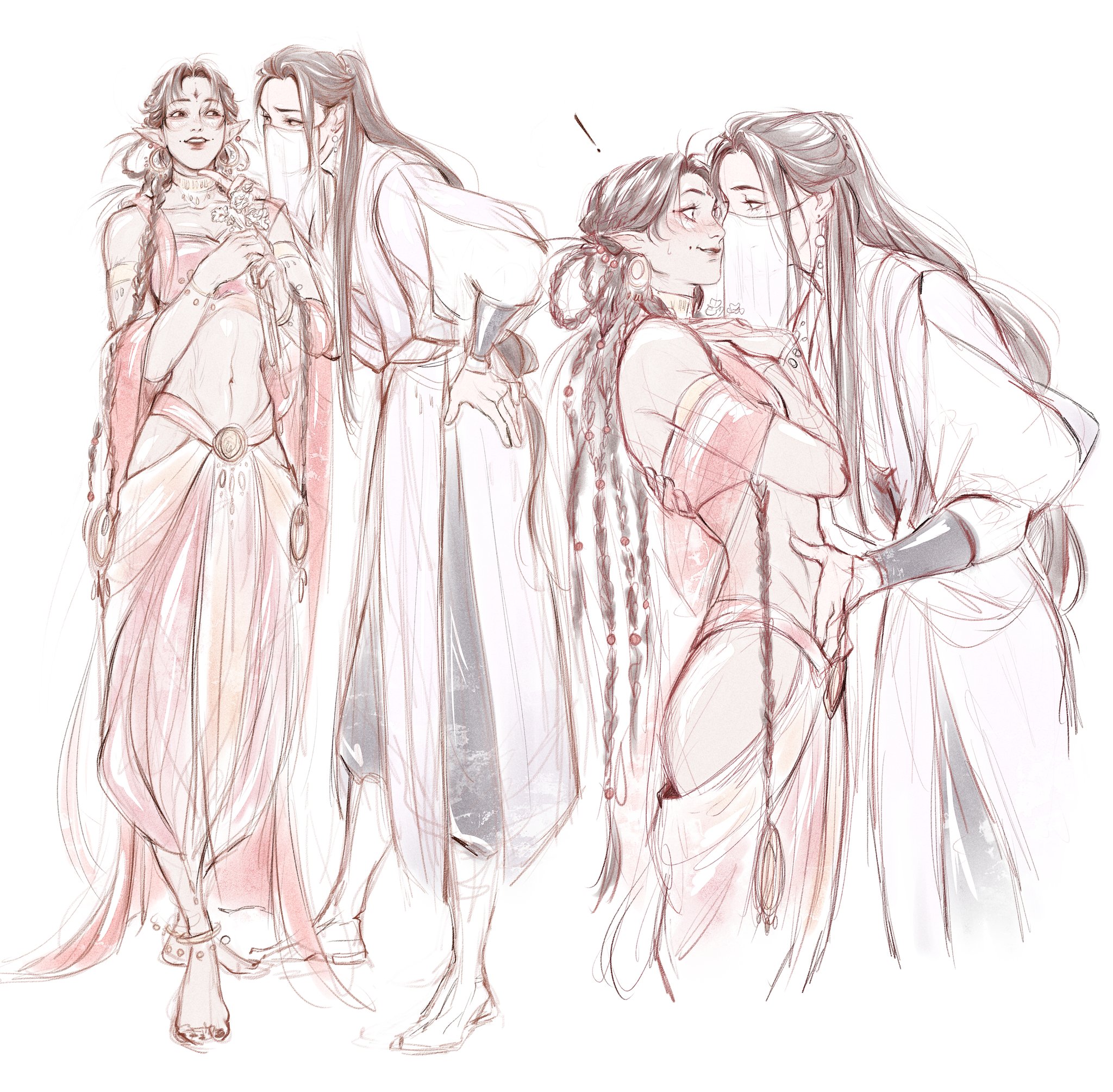 ! 2girls anklet barefoot beads black_hair blush bracelet braid chinese_clothes dorothy_wei earrings eye_contact flower full_body half_updo hand_on_another's_back hand_on_another's_chin hand_on_another's_stomach hand_on_own_hip hanfu high_ponytail highres holding holding_flower hoop_earrings jewelry liu_mingyan long_hair long_sleeves looking_at_another mouth_veil multiple_braids multiple_girls multiple_views pointy_ears ponytail red_ribbon red_shawl renzha_fanpai_zijiu_xitong ribbon sha_hualing shawl smile standing sweatdrop veil white_hanfu yuri zuiyin