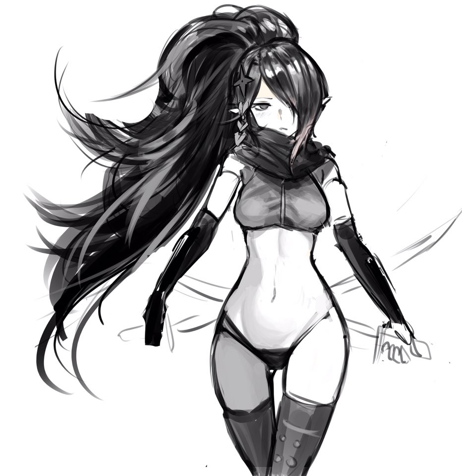 1girl alternate_costume arm_guards armor armpits assassin black_gloves breasts elbow_gloves expressionless fingerless_gloves gloves greyscale hair_ornament hair_over_one_eye holding holding_sword holding_weapon long_hair looking_at_viewer medium_breasts monochrome navel original pointy_ears scarf shadow_dancer_(dungeon_and_fighter) shiny_skin shuriken sideboob solo sword thief_(dungeon_and_fighter) thighhighs torn_clothes underwear underwear_only very_long_hair weapon zipper