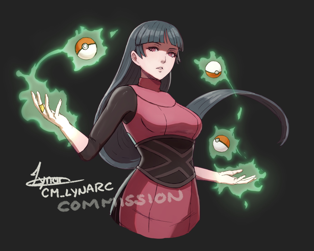 1girl artist_name black_background black_hair blunt_bangs breasts commentary commission english_commentary long_hair looking_at_viewer lynarc nintendo parted_lips poke_ball pokemon pokemon_frlg pokemon_lgpe red_eyes sabrina_(pokemon) simple_background solo upper_body