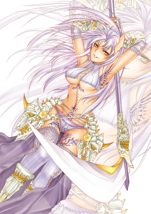 1girl armpits blush breasts char elbow_gloves female_focus gloves large_breasts long_hair panties scythe smile solo tattoo thighhighs underboob underwear