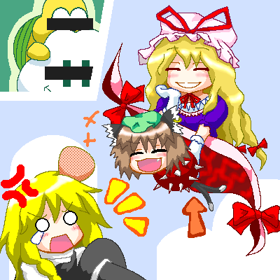 3girls ^_^ animal_ears blonde_hair brown_hair cat_ears cat_tail censored censored_identity chen closed_eyes crossover earrings fang hair_ribbon hat head_bump injury jewelry kirisame_marisa lakitu long_hair lowres mario_(series) multiple_girls multiple_tails myonde nintendo oekaki parody ribbon short_hair smile spiny spiny_egg super_mario_bros._1 super_marisa_world tail touhou witch_hat yakumo_yukari