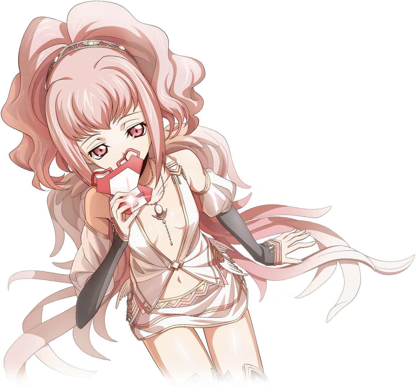 1girl anya_alstreim arm_at_side artist_request bare_shoulders breasts brooch cellphone center_opening code_geass code_geass:_lost_stories collarbone covered_mouth cowboy_shot cropped_legs feathered_wings female_focus from_above game_cg gem gyaru hairband hand_up highres hime_gyaru holding holding_phone jewelry juliet_sleeves long_sleeves matching_hair/eyes miniskirt multicolored_sleeves navel necklace non-web_source official_art phone pink_eyes pink_hair puffy_sleeves shiny_skin shirt short_hair sidelocks simple_background sitting skirt sleeveless sleeveless_shirt sleeves_past_wrists small_breasts smartphone solo stomach taking_picture thighs transparent_background white_gemstone white_shirt white_skirt white_wings wings yellow_hairband