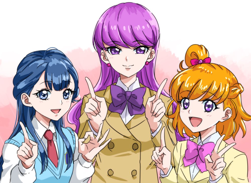 3girls asahina_mirai blazer blonde_hair blue_eyes blue_hair blue_sweater_vest bow bowtie braid brown_jacket closed_mouth commentary_request earrings half_up_braid hugtto!_precure ichigo_field_high_school_uniform jacket jewelry kirakira_precure_a_la_mode kotozume_yukari l&#039;avenir_academy_school_uniform long_hair long_sleeves mahou_girls_precure! medium_hair multiple_girls necktie open_mouth pink_bow pink_bowtie precure purple_bow purple_bowtie purple_eyes purple_hair red_necktie school_uniform shirt smile sweater_vest tsukikage_oyama upper_body white_shirt yakushiji_saaya yellow_jacket