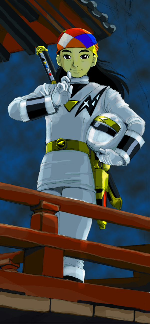 1girl animification bodysuit breasts commentary_request female_focus graphite_(medium) helmet highres long_hair ninja_sentai_kakuranger ninja_white solo super_sentai traditional_media tsuruhime