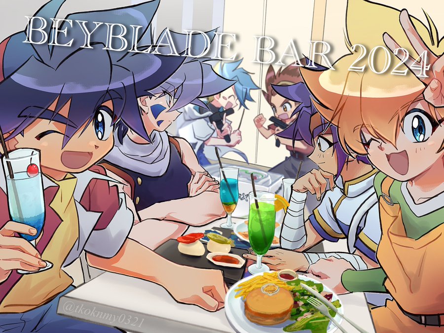 6+boys beyblade_x black_hair black_jacket blonde_hair blue_eyes blue_hair brown_eyes brown_hair chinese_clothes close-up clothes_around_waist collar covered_eyes cup english_text eyewear_on_head facial_tattoo food green_collar green_shirt group_picture headband hiwatari_kai holding holding_cup in-franchise_crossover jacket kazami_bird kinomiya_takao kon_rei kurosu_ekusu looking_at_viewer male_focus medium_hair mizuhara_max multiple_boys one_eye_closed purple_eyes red_eyes red_headband red_jacket shirt short_hair sitting spiked_hair tattoo tkoknmy0321 upper_body v white_shirt