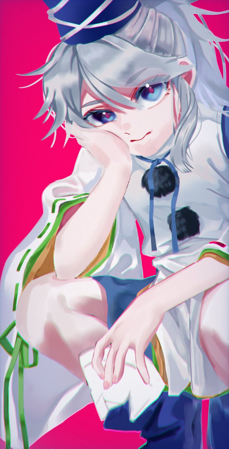 1girl blue_boots blue_eyes blue_hat blue_ribbon blue_skirt boots bored broken_plate commentary eyelashes fingernails full_body green_ribbon grey_hair hair_between_eyes hand_on_own_cheek hand_on_own_face hat hat_ribbon highres holding holding_plate japanese_clothes kariginu knees_apart_feet_together long_hair long_sleeves looking_at_viewer miniskirt mononobe_no_futo neck_ribbon oishiinori_1248 pink_background pink_pupils plate pom_pom_(clothes) ponytail ribbon ribbon-trimmed_sleeves ribbon_trim simple_background skirt sleeve_ribbon solo squatting tate_eboshi touhou turtleneck white_ribbon wide_hips