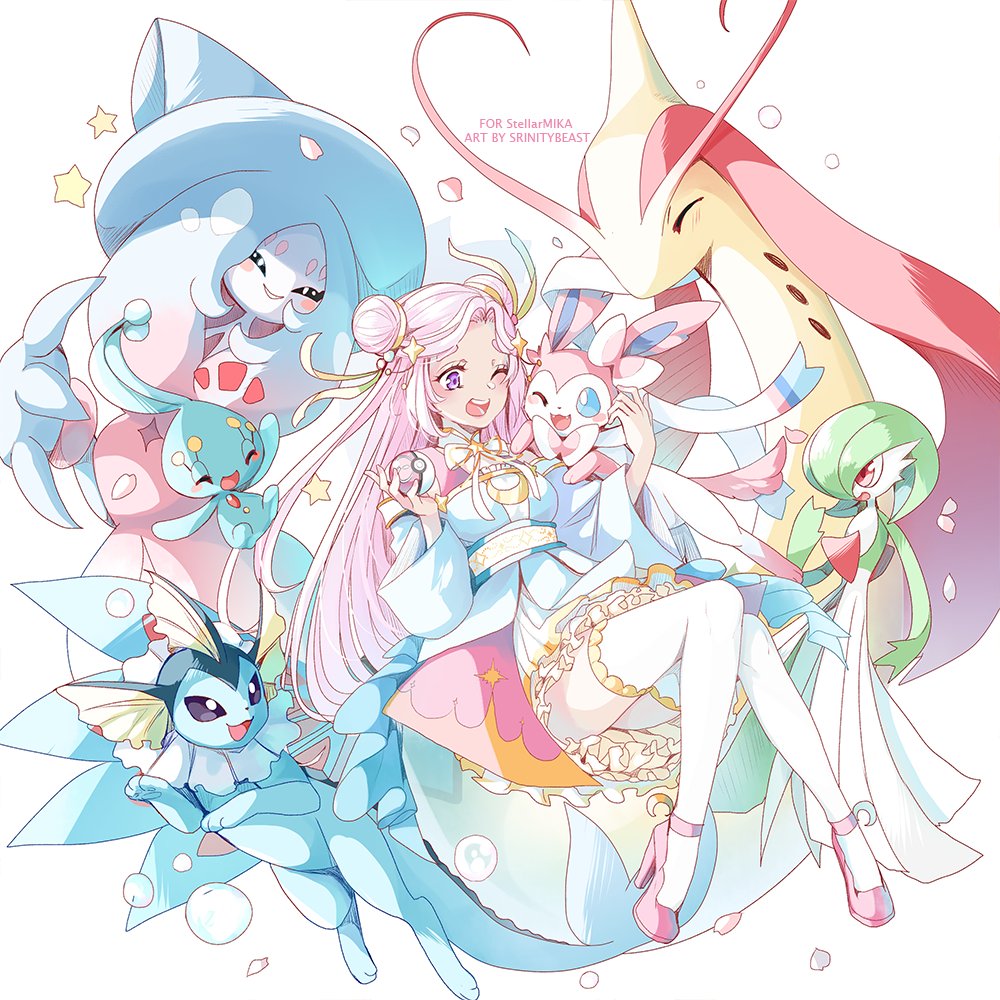 1girl blue_skin bob_cut closed_eyes colored_skin commission dress gardevoir gen_1_pokemon gen_3_pokemon gen_4_pokemon gen_6_pokemon gen_8_pokemon green_hair green_skin hair_bun hat hatterene high_heels holding holding_poke_ball legendary_pokemon long_hair manaphy milotic multicolored_skin mythical_pokemon nintendo one_eye_closed open_mouth pink_hair pink_shoes poke_ball pokemon pokemon_(creature) prehensile_hair purple_eyes shoes smile srinitybeast sylveon thighhighs two-tone_skin vaporeon white_dress white_skin white_thighhighs witch_hat