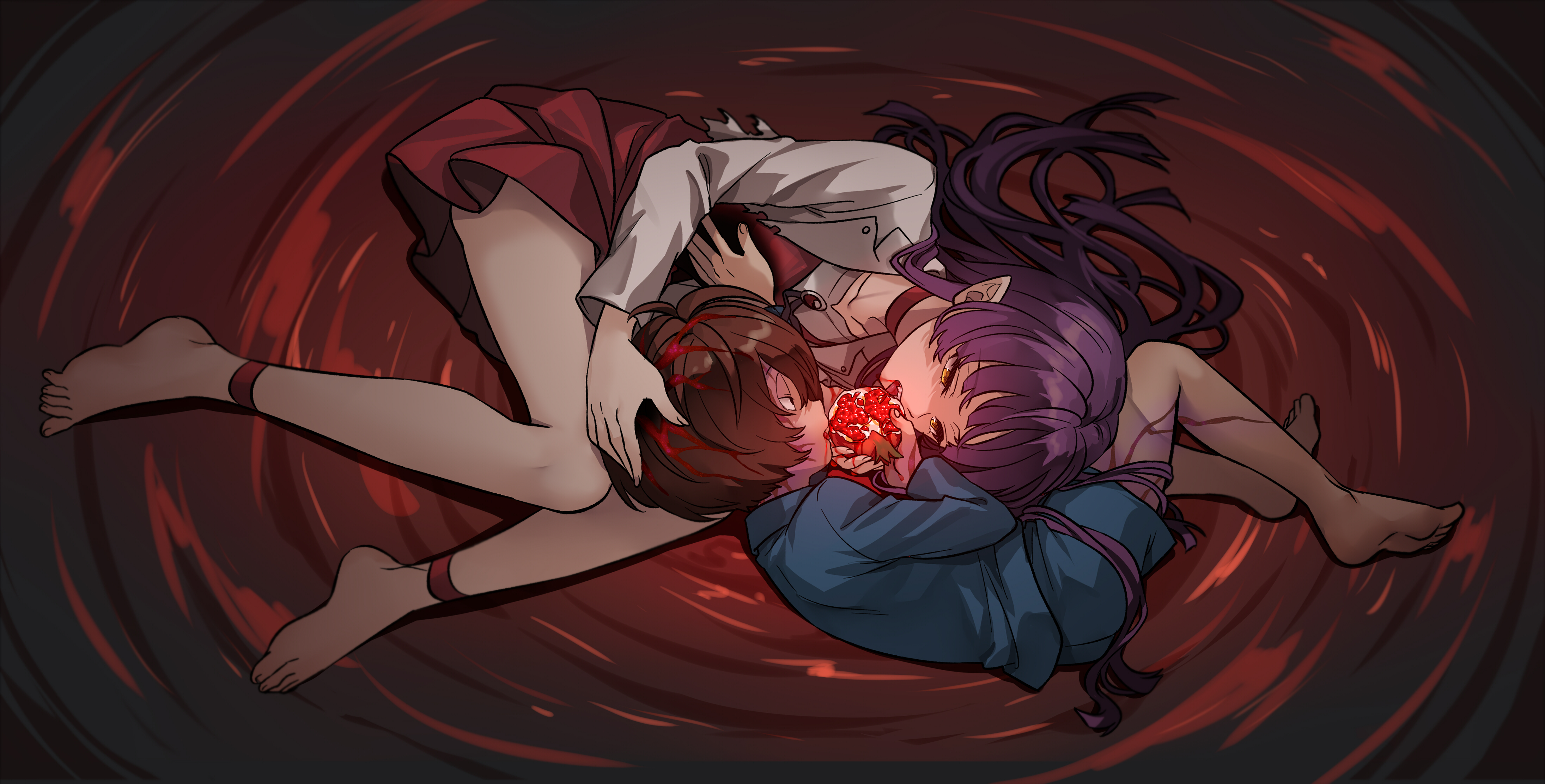 1boy 1girl absurdres bare_legs barefoot blue_shirt blue_shorts brown_hair choker collarbone dress fetal_position from_above full_body gegege_no_kitarou hair_down highres kitarou long_hair lying nekomusume nekomusume_(gegege_no_kitarou_6) on_side open_mouth pinafore_dress pink_eyes purple_hair red_choker red_dress shirt short_dress short_hair short_shorts shorts silanduqiaocui sleeveless sleeveless_dress soles straight_hair white_shirt yellow_eyes