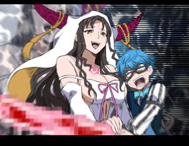 1boy 1girl black-framed_eyewear black_hair black_horns black_shirt blue_bow blue_bowtie blue_eyes blue_hair blue_vest bow bowtie breasts brynhild_sigurtein censored chest_tattoo cleavage commentary cutout_above_navel dress facial_mark fate/grand_order fate_(series) forehead_mark glasses hans_christian_andersen_(fate) holding horn_ornament horn_ring horns korean_commentary large_breasts letterboxed light_blush long_hair long_sleeves looking_at_another looking_at_viewer mosaic_censoring multicolored_hair open_mouth parted_bangs pink_horns pink_ribbon ribbon sessyoin_kiara sessyoin_kiara_(heaven&#039;s_hole) sessyoin_kiara_(third_ascension) shirt short_hair sideboob sidelocks small_sweatdrop smile stomach_tattoo striped_clothes tassel tattoo teeth uni_(unnny) upper_body veil vertical-striped_clothes very_long_hair vest white_dress white_shirt white_veil yellow_eyes zoom_layer