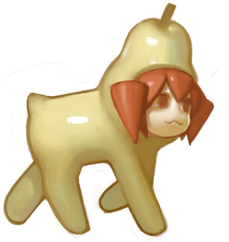 1girl :3 chibi chibi_only closed_mouth creature food fruit full_body kasane_teto kasane_teto_(utau) looking_ahead painterly pear pearto rainbowdeww red_eyes red_hair solo utau walking white_background