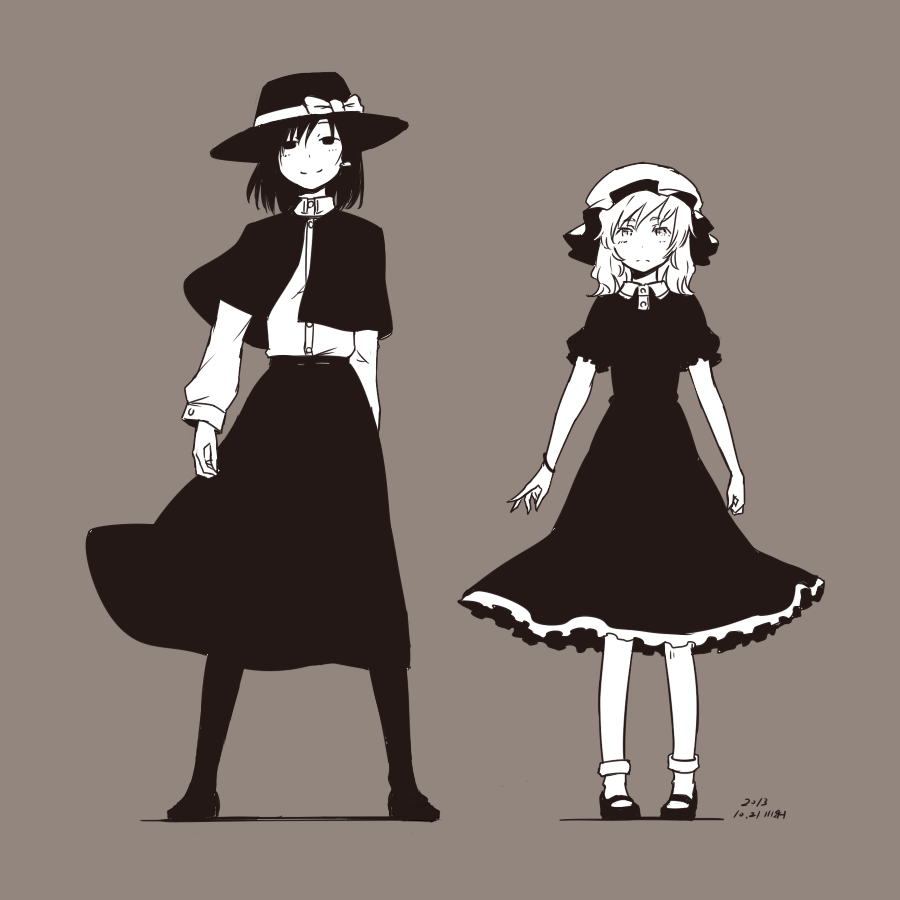 2girls bow capelet closed_mouth commentary_request dated dress full_body hair_between_eyes hat hat_bow kawashina_(momen_silicon) long_sleeves looking_at_viewer maribel_hearn medium_hair mob_cap monochrome multiple_girls shirt short_sleeves signature simple_background skirt socks standing touhou usami_renko