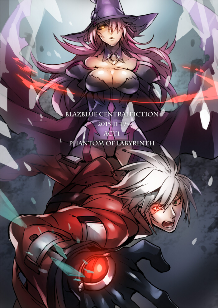 1boy 1girl black_sclera blazblue blazblue:_central_fiction blue_eyes breasts cleavage colored_sclera dark_persona glowing glowing_eye hair_over_one_eye hat heterochromia kaneaki_mukku konoe_a._mercury long_hair pink_hair ragna_the_bloodedge red_eyes silver_hair spiked_hair witch_hat yellow_eyes