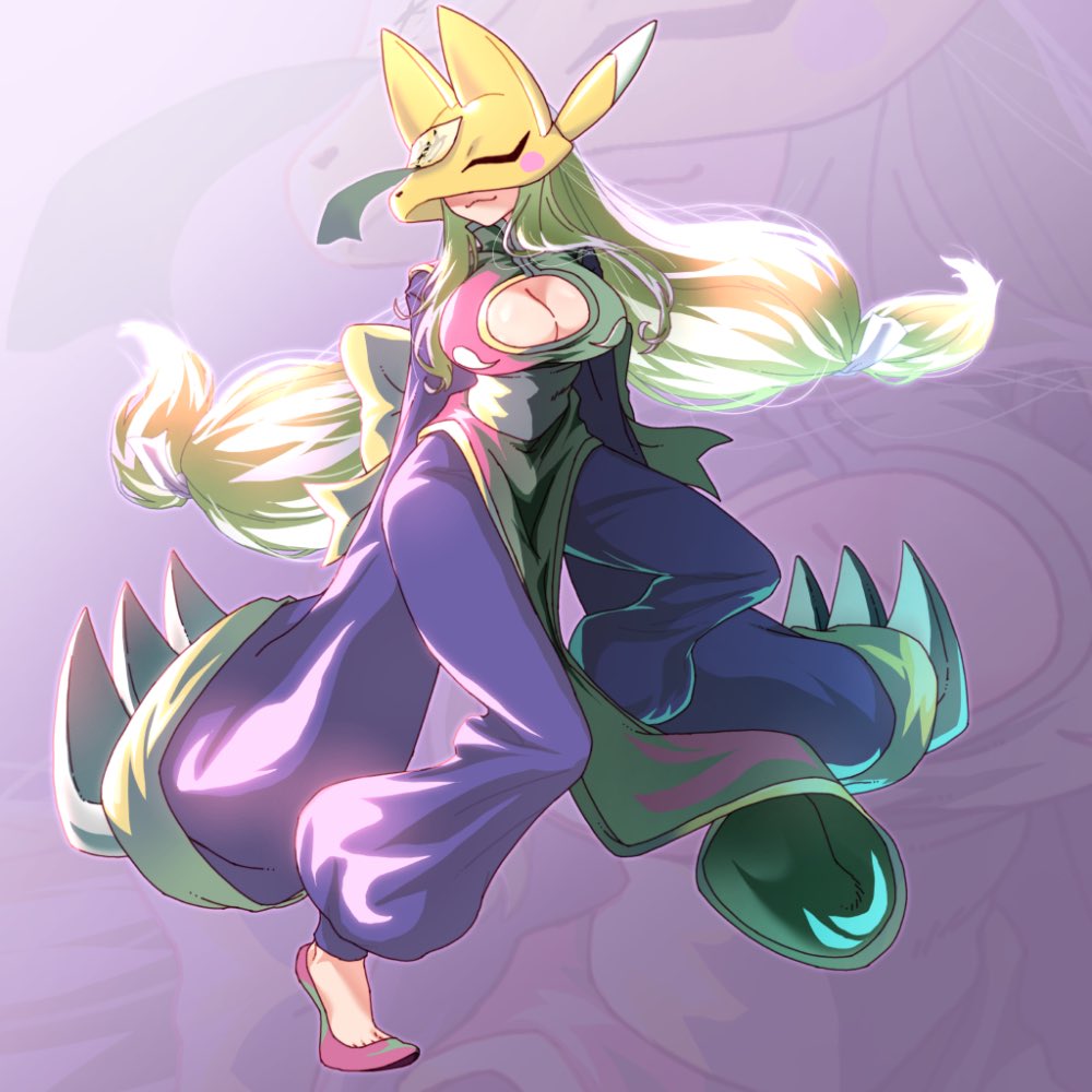 1girl armor breasts cleavage cleavage_cutout clothing_cutout cosplay darkstalkers digimon digimon_(creature) fox_mask hsien-ko hsien-ko_(cosplay) large_breasts long_hair mask sakuyamon solo yin_yang