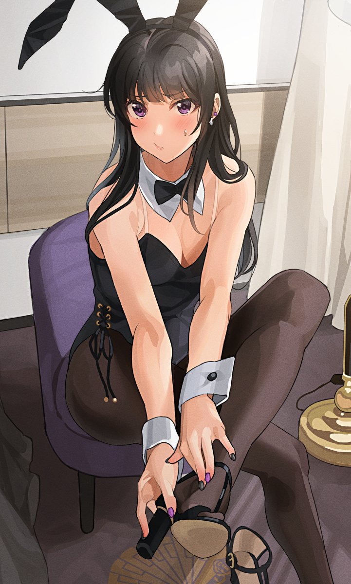1girl animal_ears bare_shoulders black_bow black_bowtie black_hair black_hairband black_nails black_sandals blush bow bowtie breasts chair commentary_request curtains detached_collar fake_animal_ears hairband high_heels highres indoors leotard long_hair looking_at_viewer multicolored_nails nail_polish on_chair original pantyhose playboy_bunny purple_eyes purple_nails sandals sitting small_breasts solo tipii wrist_cuffs