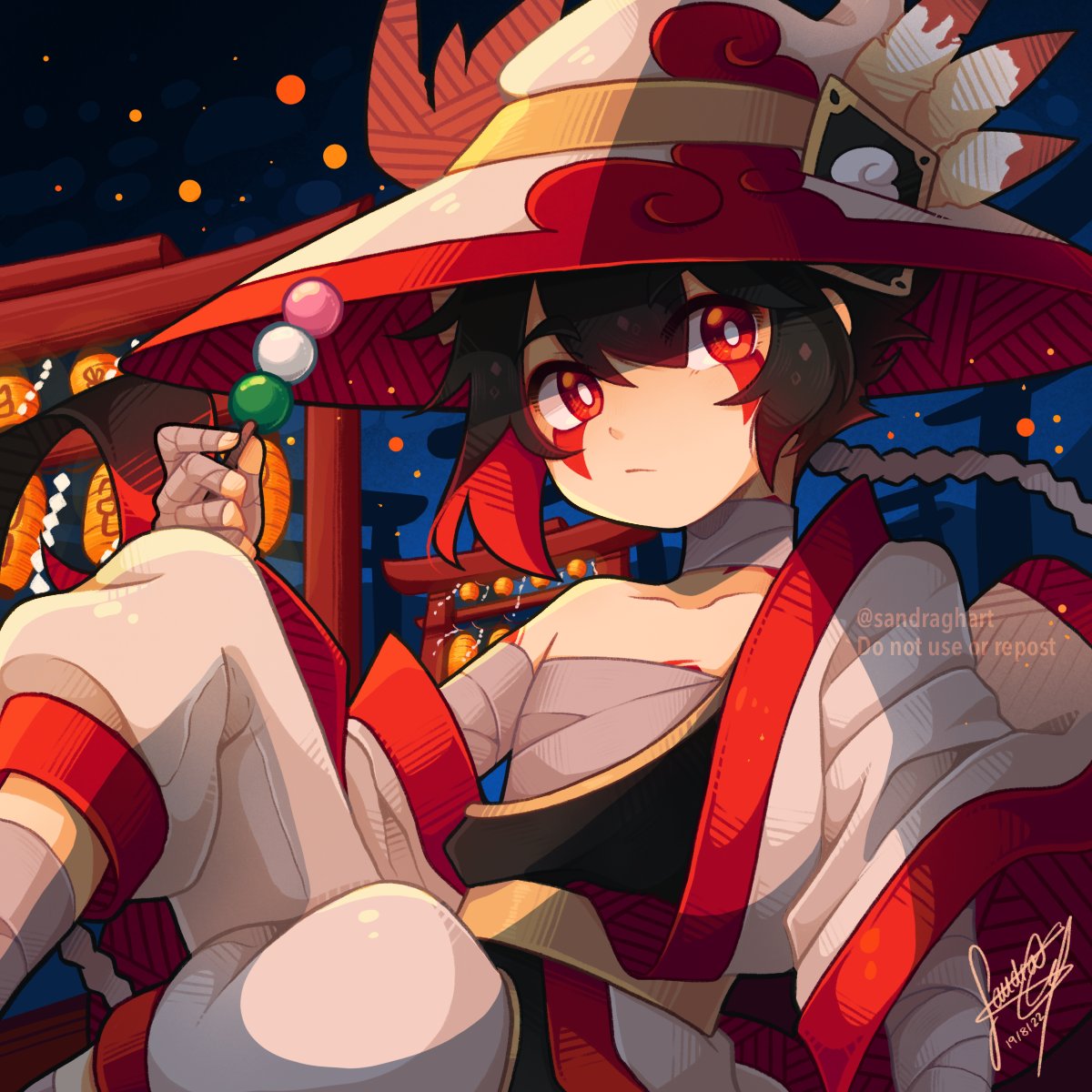 1boy architecture bandaged_arm bandaged_chest bandaged_fingers bandages black_hair commentary dango east_asian_architecture english_commentary eyeshadow feathers festival fireworks food full_body hat hat_ornament highres holding holding_food holding_skewer lantern lantern_festival long_hair looking_at_viewer makeup multicolored_hair night night_sky original paper_lantern red_eyes red_eyeshadow red_hair sandragh sanshoku_dango signature simple_background skewer sky sky_lantern solo tattoo two-tone_hair two-tone_hat two-tone_robe very_long_hair wagashi watermark white_hat wizard wizard_hat