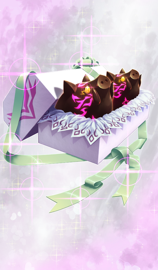 boar box chocolate commentary diffraction_spikes fate/grand_order fate_(series) feral_lemma food food_art green_ribbon in_box in_container no_humans official_art pink_background ribbon sparkle sparkle_background still_life third-party_source