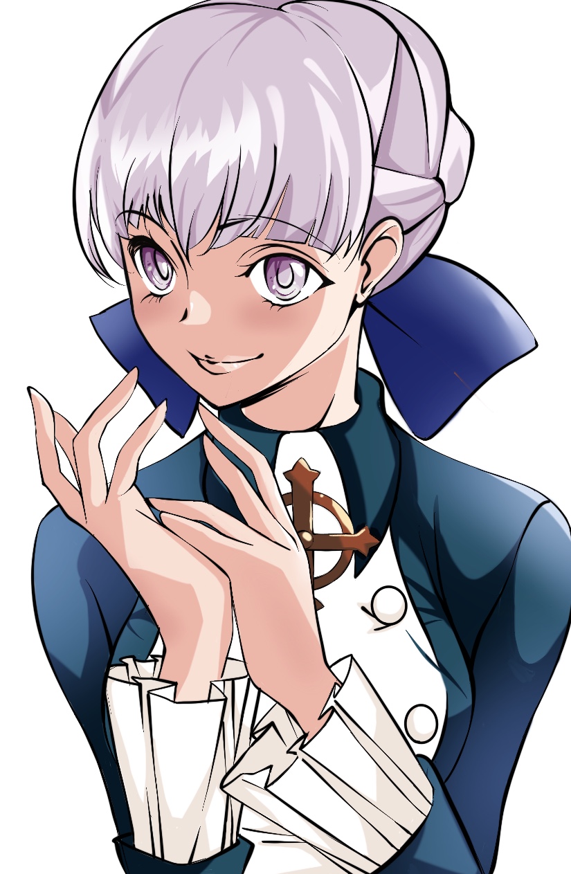 1girl alice_elliot blue_eyes bow braid breasts buttons closed_mouth cross dress gloves hair_bow highres lips long_sleeves looking_at_viewer purple_eyes samurai-simura shadow_hearts short_hair simple_background smile solo white_hair
