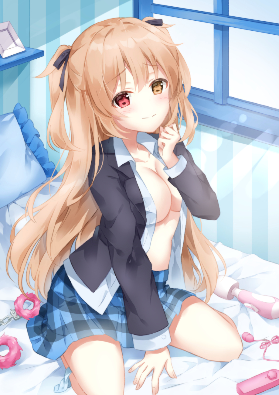 alternate_costume black_jacket black_ribbon blue_skirt breasts brown_eyes cleavage hair_ribbon heterochromia highres indoors jacket kantai_collection large_breasts light_brown_hair long_hair looking_at_viewer murasame_(kancolle) open_clothes open_shirt plaid_clothes plaid_skirt red_eyes ribbon school_uniform sex_toy shirt sitting skirt smile solo sugisaki_yuu two_side_up vibrator white_shirt