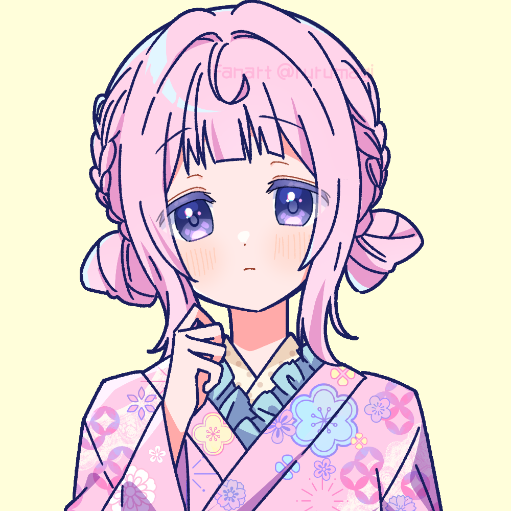 1girl blue_eyes blush braid closed_mouth floral_print hair_rings hand_up japanese_clothes kimono long_sleeves looking_at_viewer magia_record:_mahou_shoujo_madoka_magica_gaiden mahou_shoujo_madoka_magica pink_kimono portrait ruru_(rurumagi) side_braid sidelocks simple_background solo wide_sleeves yellow_background yura_hotaru