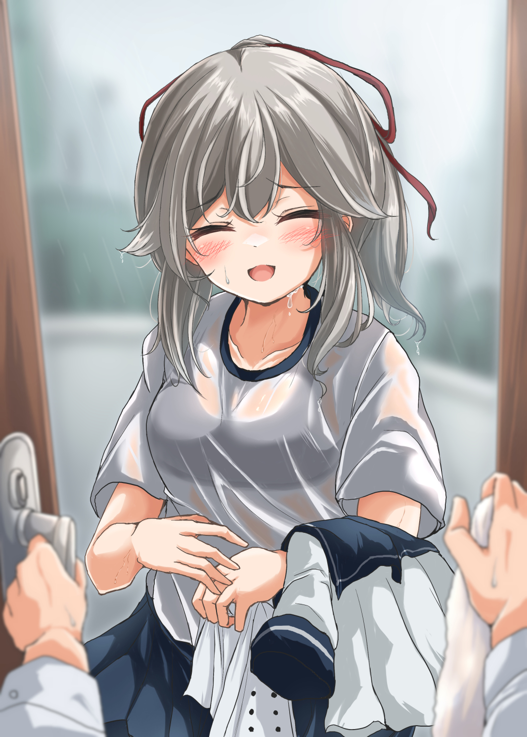 1boy 1girl blue_sailor_collar blue_skirt bra_visible_through_clothes closed_eyes commentary_request cowboy_shot facing_viewer grey_hair hair_ribbon highres kantai_collection kasashi_(kasasi008) long_hair pleated_skirt ponytail pov ribbon sailor_collar sailor_shirt shirt sidelocks skirt solo_focus sports_bra_visible_through_clothes t-shirt unworn_shirt usugumo_(kancolle) white_shirt