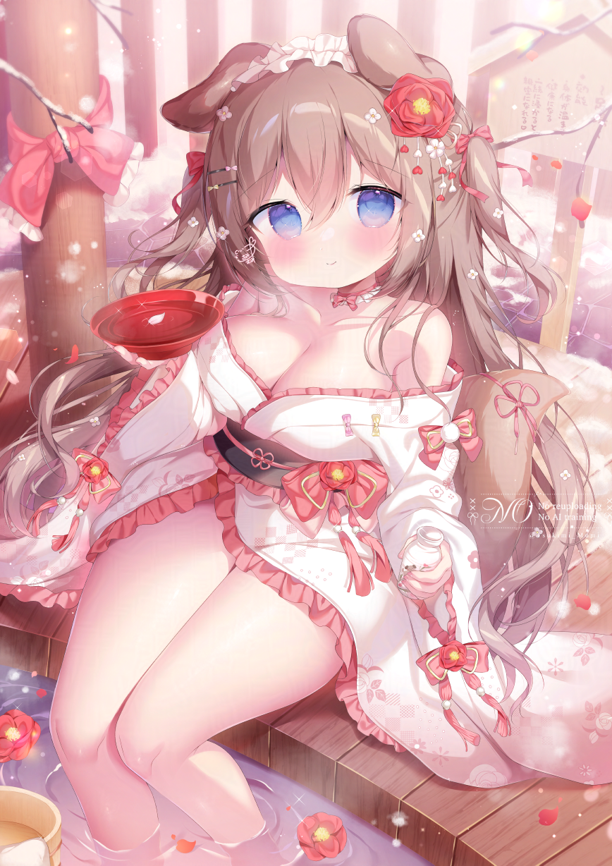 1girl animal_ears ashiyu black_sash blue_eyes blush bow breasts brown_hair cleavage closed_mouth collarbone commentary_request commission cup dog_ears dog_girl dog_tail flower frilled_kimono frilled_sash frilled_sleeves frills hair_between_eyes hair_flower hair_ornament highres holding holding_cup japanese_clothes kimono large_breasts long_hair long_sleeves looking_at_viewer obi original outdoors red_bow red_flower sakazuki sash sitting skeb_commission smile soaking_feet tail thighs tsukimi_mumi two_side_up watermark white_flower white_kimono wide_sleeves