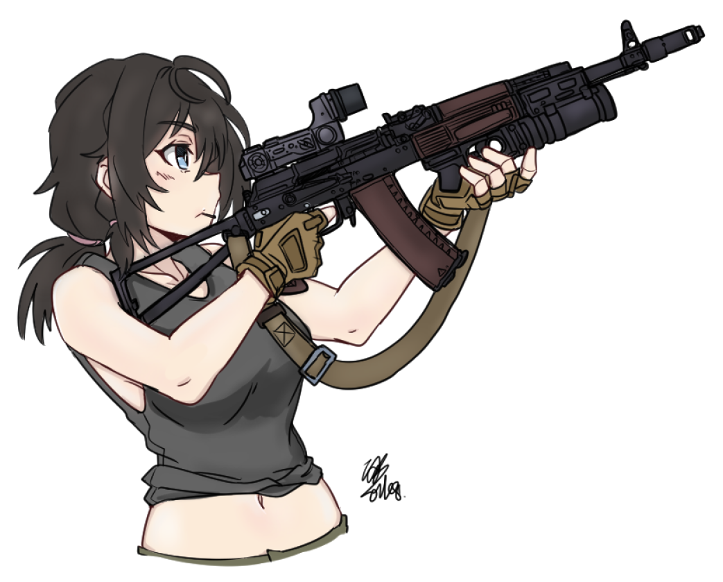 1girl aiming ak-74 aks-74 assault_rifle bare_arms black_hair blue_eyes breasts brown_gloves chinese_commentary closed_mouth collarbone commentary finger_on_trigger fingerless_gloves gloves gp-25 grenade_launcher grey_tank_top gun gun_sling hair_between_eyes hair_tie holding holding_gun holding_weapon kalashnikov_rifle looking_ahead medium_breasts medium_hair messy_hair mmmn540d88 mouth_hold muzzle_device optical_sight original ponytail profile reflex_sight rifle signature simple_background sleeveless stomach tank_top two-tone_gloves underbarrel_grenade_launcher upper_body weapon white_background