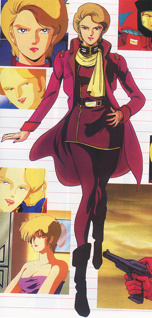 1980s_(style) 1boy 1girl belt blonde_hair coat earth_federation gloves grin gun gundam handgun helmet insignia jacket jerid_messa key_visual kitazume_hiroyuki lila_milla_rira military military_uniform multiple_persona multiple_views official_art oldschool pilot_suit production_art promotional_art red_lips retro_artstyle scan serious smile spacesuit towel traditional_media weapon when_you_see_it zeta_gundam