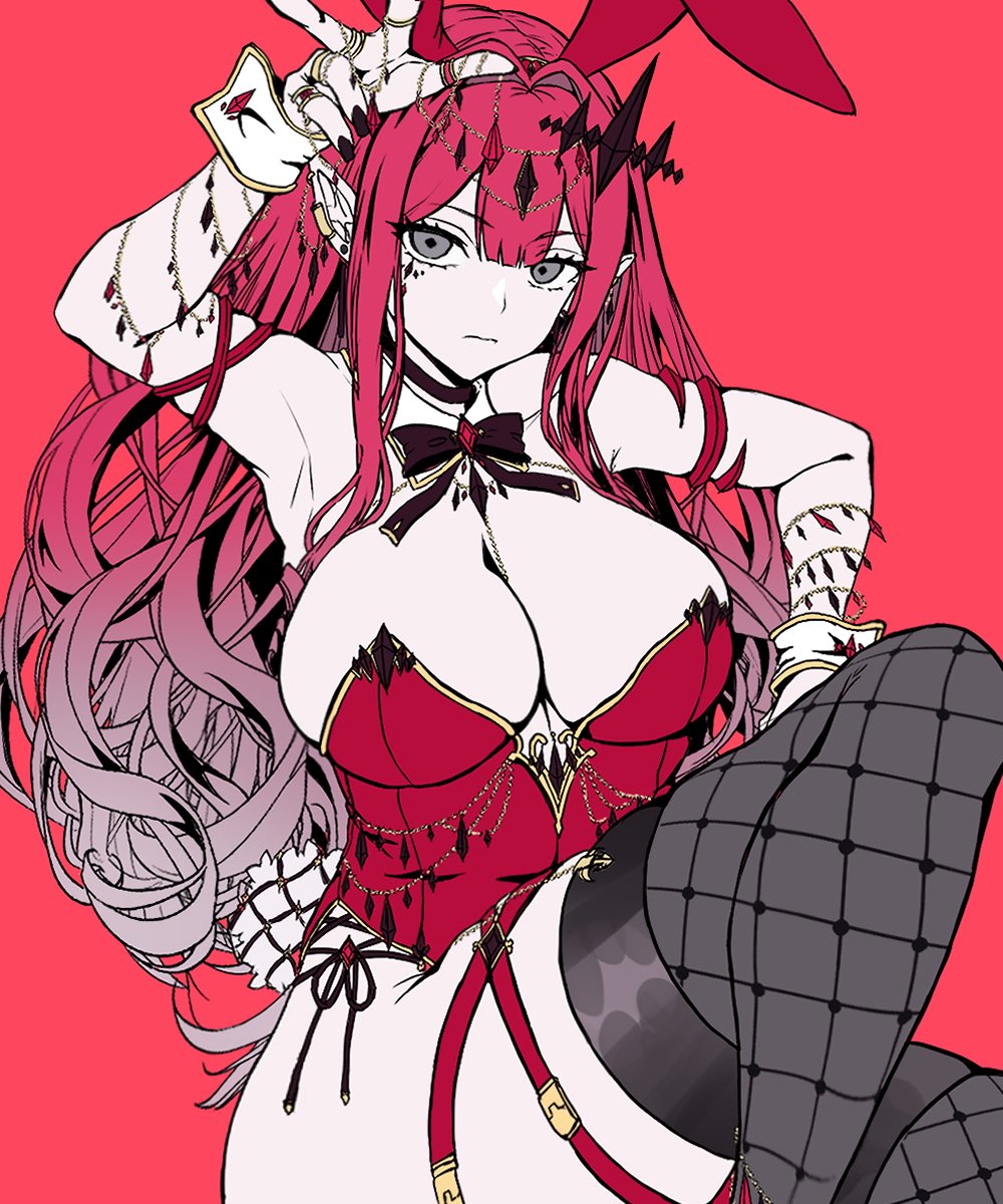 1girl animal_ears baobhan_sith_(fate) black_thighhighs breasts detached_collar fake_animal_ears fate/grand_order fate_(series) fishnet_thighhighs fishnets grey_eyes hair_ornament hand_up highres knee_up large_breasts leotard looking_at_viewer pink_hair playboy_bunny pointy_ears rabbit_ears red_background red_leotard satou_nui sidelocks solo thighhighs