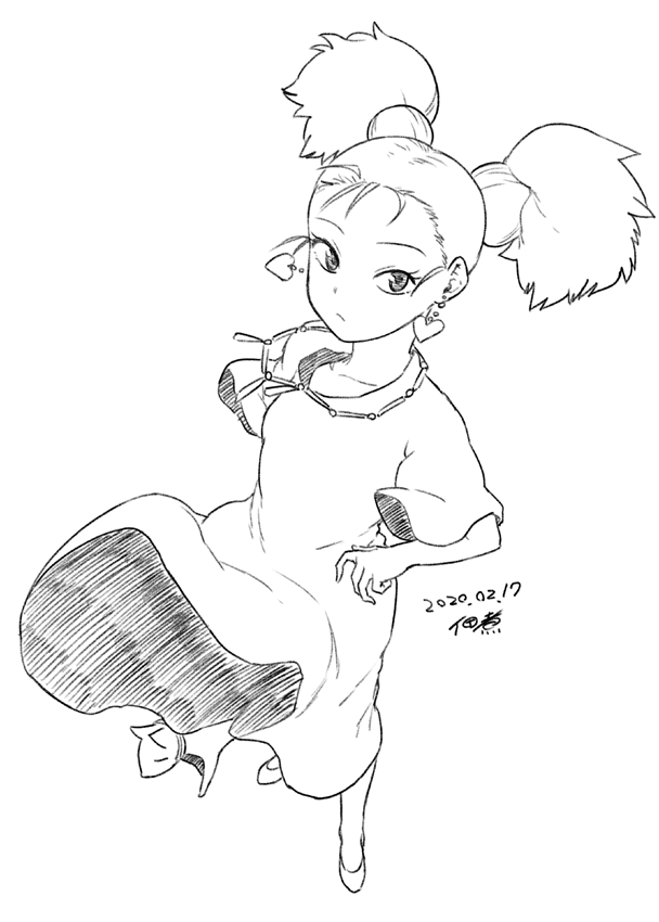 1girl big_hair broom cat closed_mouth dated dress earrings flat_chest greyscale heart heart_earrings jewelry looking_at_viewer majo_no_takkyuubin medium_hair monochrome multi-tied_hair necklace senior_witch_(majo_no_takkyuubin) simple_background tsukudani_(coke-buta) twintails white_background