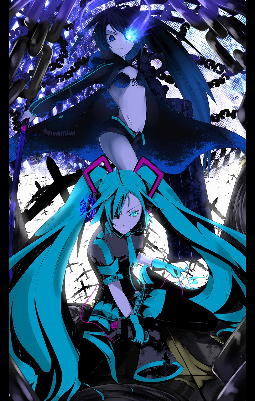 10s 2girls aircraft airplane aqua_eyes aqua_hair b-52_stratofortress bikini bikini_top_only black_hair black_rock_shooter black_rock_shooter_(character) blue_eyes bra chain coat creator_connection flat_chest gloves glowing glowing_eyes hatsune_miku headphones highres koi_wa_sensou_(vocaloid) lingerie long_hair megaphone mito_(calcomer) multiple_girls necktie pantyhose penetrator_(aircraft) scar skirt songover swimsuit sword twintails underwear uneven_twintails very_long_hair vocaloid weapon