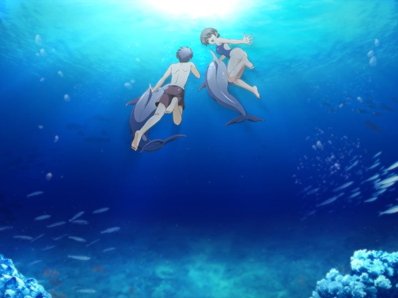 1boy 1girl barefoot dolphin edelweiss game_cg hinata_mizuki katakura_shinji short_hair swimsuit