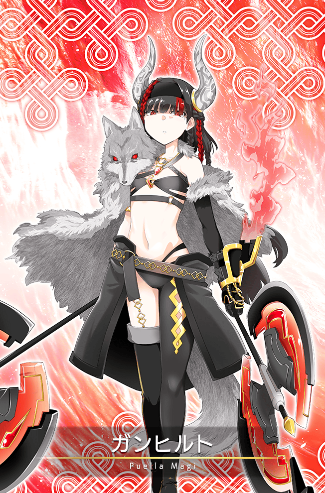 1girl arm_belt asymmetrical_legwear axe bare_shoulders belt bikini black_belt black_bikini black_boots black_gloves black_hairband black_pants black_skirt blunt_bangs boots bracer braid card_(medium) character_name chest_belt closed_mouth double-sided_axe dual_wielding elbow_gloves expressionless eyelashes fake_horns feet_out_of_frame fire game_cg gem gloves gunhild_(madoka_magica) hairband holding holding_axe horns jewelry knees long_hair looking_at_viewer magia_record:_mahou_shoujo_madoka_magica_gaiden magical_girl mahou_shoujo_madoka_magica masu_gitsune medium_skirt mismatched_legwear multicolored_hair multiple_belts multiple_braids necklace o-ring o-ring_belt official_art open_clothes open_skirt outline ox_horns pants pelt red_background red_eyes red_gemstone red_hair single_leg_pantyhose single_thigh_boot skirt solo streaked_hair swimsuit thigh_boots white_horns white_outline