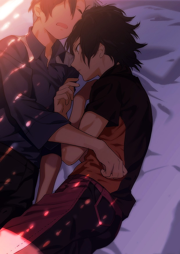 2boys akiyoshi_haru bed_sheet black_hair black_shirt blue_shirt collared_shirt commentary_request cuddling dappled_sunlight from_side grey_hair hair_between_eyes jude_mathis ludger_will_kresnik lying male_focus multicolored_hair multiple_boys on_bed on_side open_mouth orange_shirt pants profile shirt short_hair sleeping sunlight tales_of_(series) tales_of_xillia tales_of_xillia_2 toned toned_male two-tone_hair two-tone_shirt upper_body yaoi yellow_eyes
