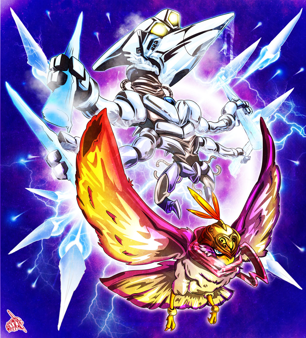 animal_focus bird blue_eyes falcon feathers gradient_background helmet horus_(stand) ice jojo_no_kimyou_na_bouken lightning no_humans pet_shop signature stand_(jojo) uc-lab