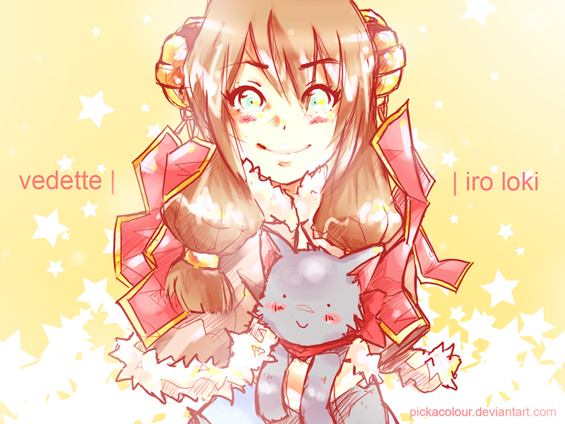 1girl bell blue_eyes blush brown_cape brown_hair cape closed_mouth commentary english_commentary fur-trimmed_cape fur_trim grey_cat hair_bell hair_ornament high_wizard_(ragnarok_online) jingle_bell long_hair looking_at_viewer pickacolour ragnarok_online sidelocks sketch smile solo star_(symbol) upper_body wildrose yellow_background