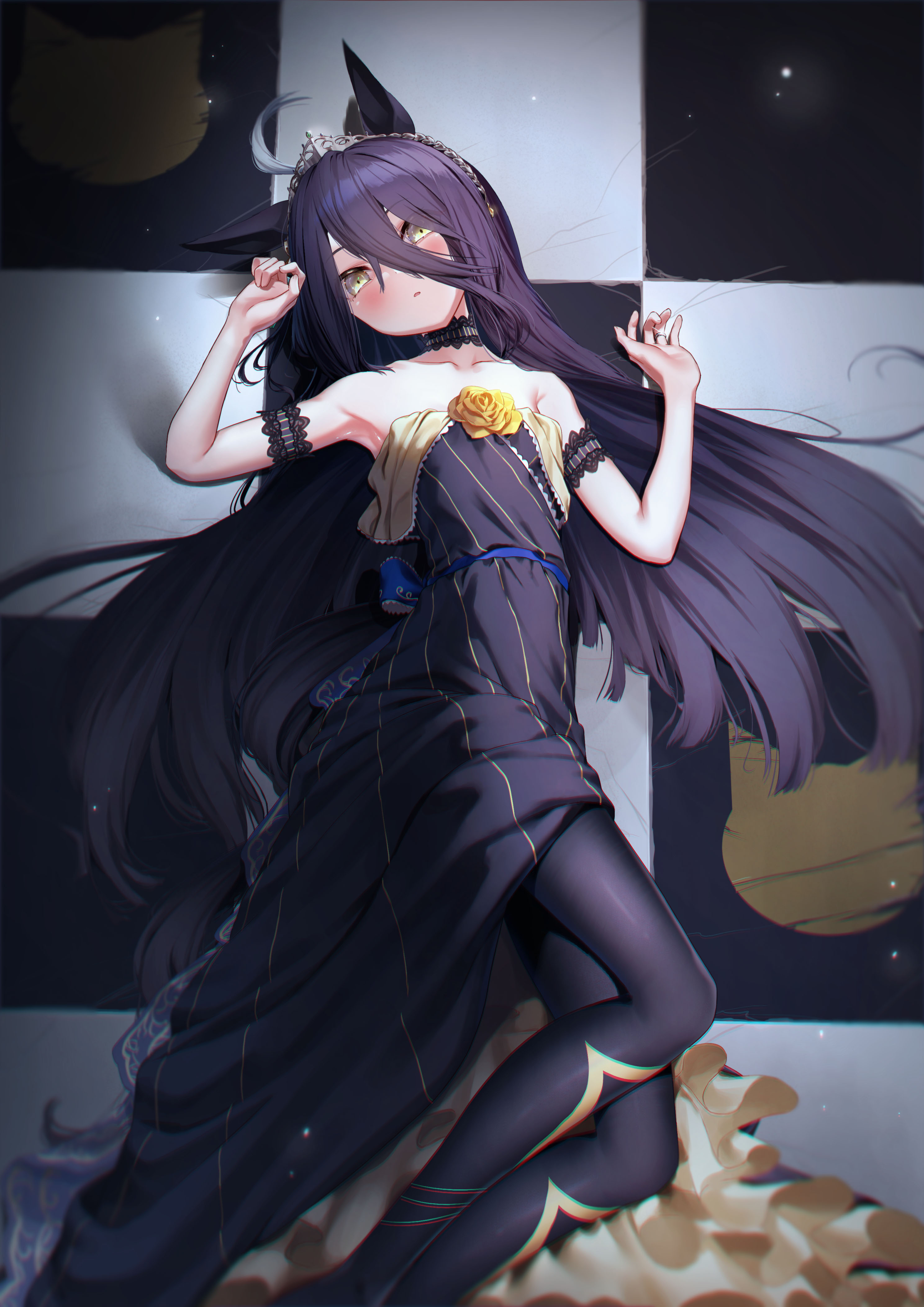 1girl absurdres ahoge animal_ears arm_strap arm_up bare_shoulders black_choker black_dress black_hair black_pantyhose blush checkered_floor choker collarbone dress flower flower_on_chest hair_between_eyes hand_up highres horse_ears horse_girl lace-trimmed_choker lace_trim long_bangs long_dress long_hair long_hair_between_eyes looking_at_viewer lying manhattan_cafe_(umamusume) multicolored_hair on_floor pantyhose parted_lips reo-illust4696 short_dress solo tiara umamusume very_long_hair white_hair yellow_eyes yellow_flower