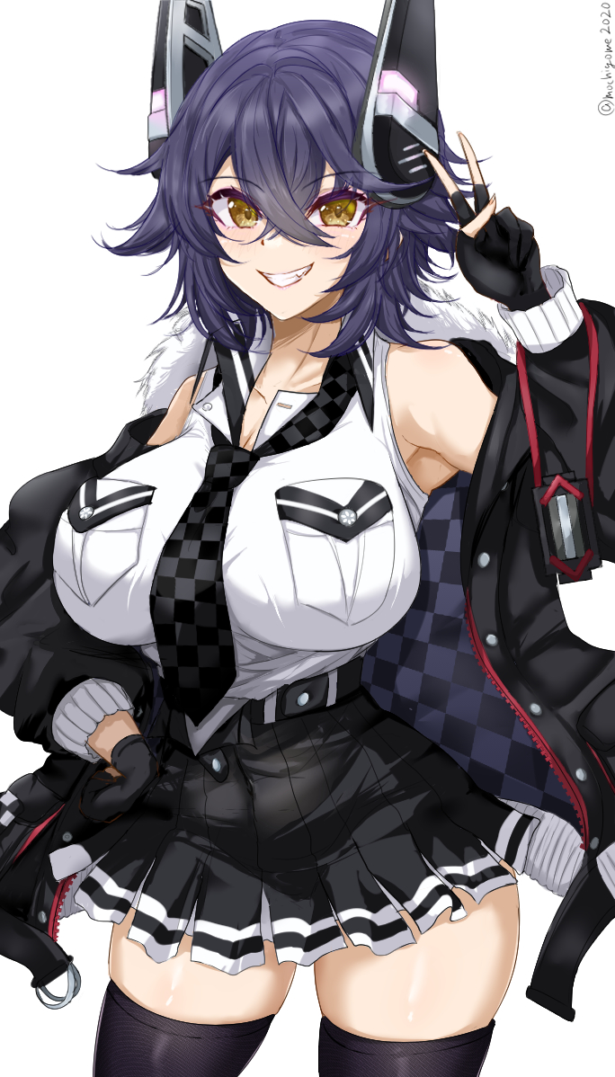 1girl black_gloves black_jacket breast_pocket breasts chamumi_(mochiumee) checkered_clothes checkered_necktie fur-trimmed_jacket fur_trim gloves halo headgear high-waist_skirt jacket kantai_collection large_breasts looking_at_viewer mechanical_halo necktie partially_fingerless_gloves pocket purple_hair shirt short_hair skirt sleeveless sleeveless_shirt smile solo tenryuu_(kancolle) tenryuu_kai_ni_(kancolle) thighhighs white_shirt yellow_eyes