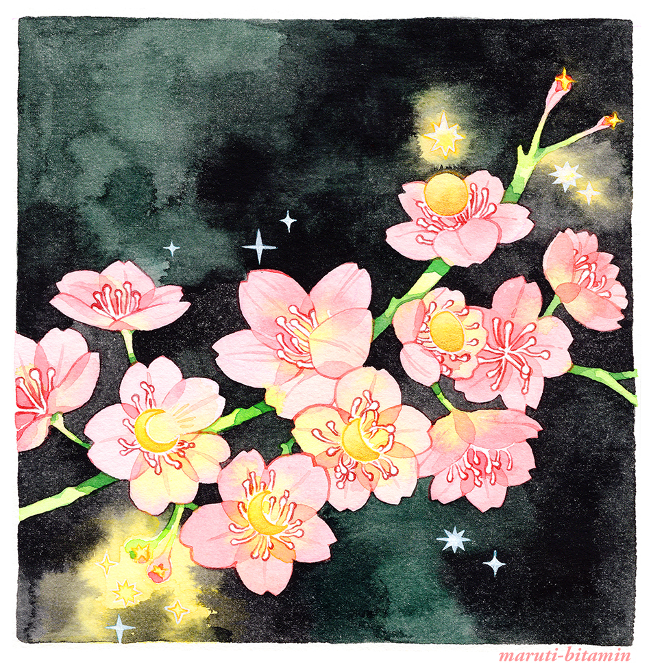 artist_name black_background black_sky border branch cherry_blossoms commentary crescent_moon english_commentary flower flower_focus gibbous_moon glowing green_background green_sky maruti_bitamin moon moon_phases night night_sky no_humans original painting_(medium) pink_flower sky sparkle star_(sky) starry_sky traditional_media watercolor_(medium) yellow_light