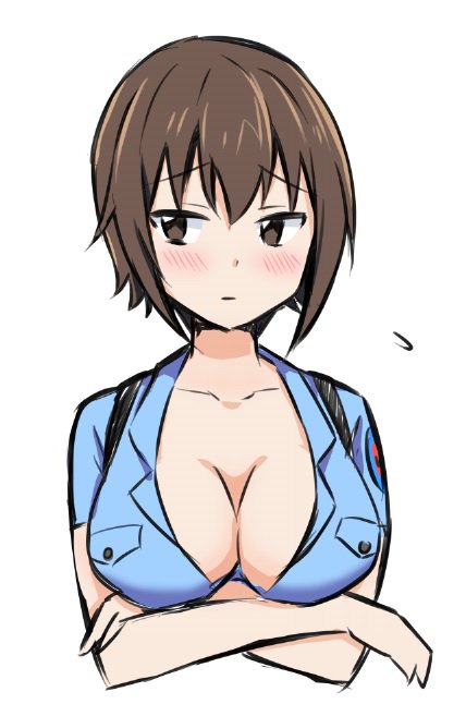 1girl alternate_costume aoshidan_school_uniform arms_under_breasts artist_request blue_shirt blush breasts brown_eyes brown_hair cleavage collarbone collared_shirt commentary_request crossed_arms embarrassed girls_und_panzer large_breasts looking_to_the_side nishizumi_maho school_uniform shirt short_hair short_sleeves suspenders