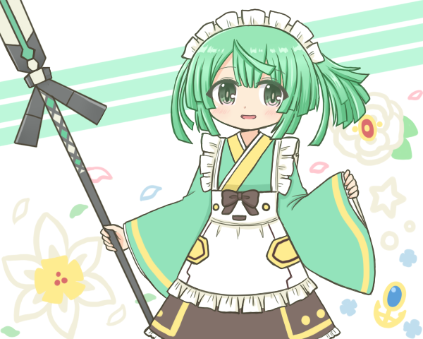 1girl apron bad_id bad_twitter_id blunt_bangs commentary_request cowboy_shot flower frilled_apron frills green_eyes green_hair green_kimono holding holding_polearm holding_weapon japanese_clothes kimono kishimen_hair long_sleeves looking_at_viewer magia_record:_mahou_shoujo_madoka_magica_gaiden magical_girl mahou_shoujo_madoka_magica maid maid_headdress natsume_kako open_mouth polearm reverse_(bluefencer) short_hair side_ponytail solo standing wa_maid weapon white_apron wide_sleeves